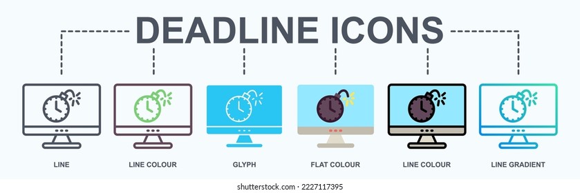 Deadline-Vektorsymbole. Symbol für Zeitmanagement und Büroarbeit. Bomb schaut Piktogramm.