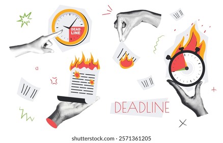 Deadline vintage collage conception set in retro halftone design. Collection with hands holding burning documents and countdown alarmclock, pointing to clock with time ending. Vector illustration.