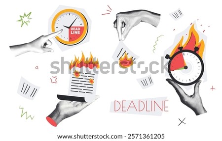 Deadline vintage collage conception set in retro halftone design. Collection with hands holding burning documents and countdown alarmclock, pointing to clock with time ending. Vector illustration.