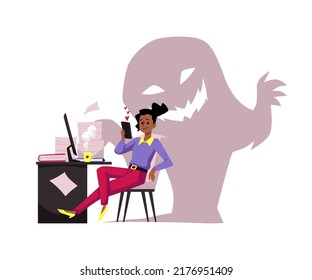 Deadline violation and procrastination concept with inefficient office worker at workplace, flat cartoon vector illustration isolated on white background.