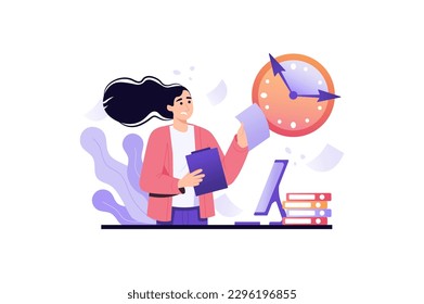 Deadline violet concept with people scene in the flat cartoon style. Woman is trying quickly complete all tasks because there is very little time left. Vector illustration.
