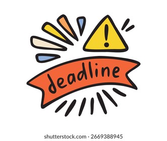 Deadline-Warnschild, rote Ausrufezeichen im Dreieck, Aufmerksamkeitsdoodle-Aufkleber für Planer, handgezeichnet. Vektorgrafik.