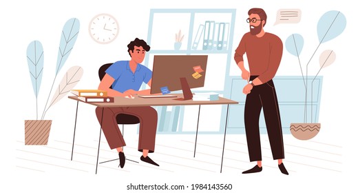 Concepto web de fecha límite en estilo plano. Empleado empleado trabajando en una laptop. El gerente enfadado señala a reloj. Estrés en el lugar de trabajo. Escena de actividades de personajes. Ilustración vectorial para la plantilla de sitio web
