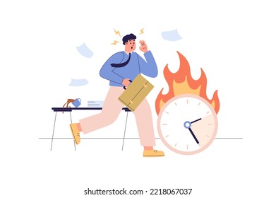 Deadline web concept with people scene. Worried businessman running and trying to keep up with schedule. Time pressure to man at workplace. Character situation in flat design. Vector illustration.