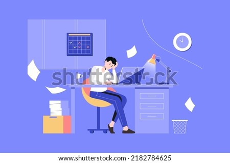 Deadline web concept with people scene in flat blue design. Tired employee doing paperwork and staying late at work. Frustrated overworked man working in office and have stress. Vector illustration