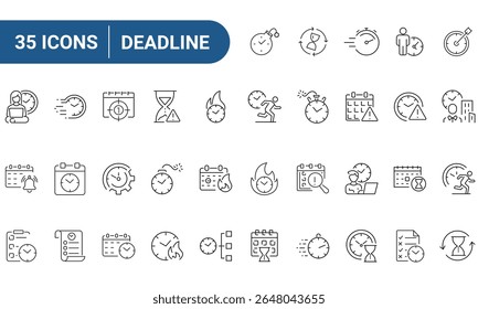 Iconos web de fecha límite establecidos en estilo de línea o esquema relacionados con fecha límite. Iconos para Web y App móviles. Colección de iconos lineales. Trazos editables. Ilustración vectorial.
