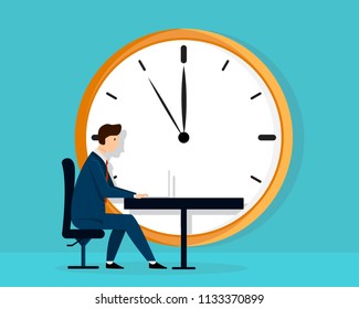 Deadline Work concept. Business man working with big project with Big clock on background. Vector illustration design.