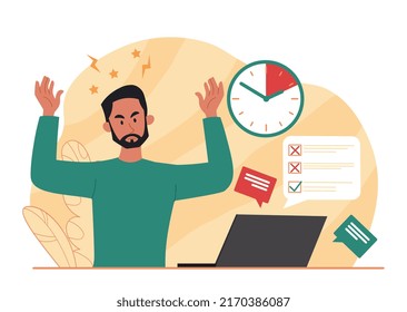 Deadline work concept. Man at laptop does not have time to turn in work on time. Irresponsible employee with poor time management. Lazy character at workplace. Cartoon flat vector illustration