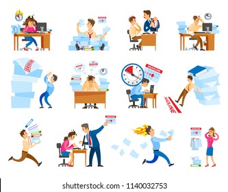 Deadline at work icons set. Boss shouting on employee to work faster.Tired and stressed workers in office running and hurrying up, managers run out of time