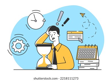 Deadline at work. Man in panic tries to have time to complete tasks. Poor time management and inefficient workflow. Pressure and stress. Psychological problems. Cartoon flat vector illustration