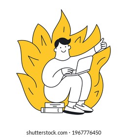 Deadline, work on fire mode. A cute cartoon man is working with a computer and a fire is burning behind him. The problem, hard work, close deadline. Thin line vector illustration on white.