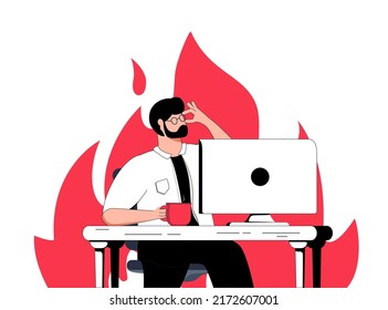 Deadline, work on fire mode. A cute cartoon man is working with a computer and a fire is burning behind him. The problem, hard work, close deadline. Thin line vector illustration on white. Deadline