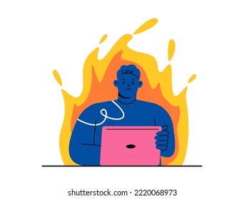 Deadline, work on fire mode. Stressed man hurrying, hectic about missing work deadline, time limits. Colorful vector illustration
