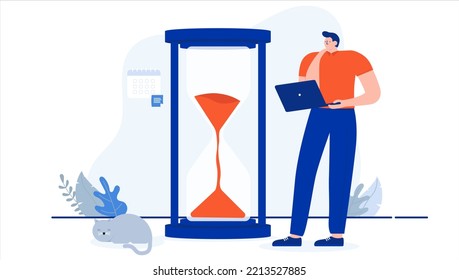 Deadline at work - Person standing with laptop in hand watching time running out in hourglass. Flat design vector illustration with white background