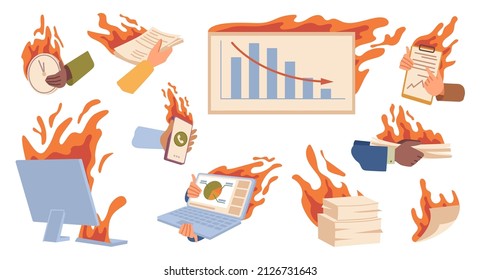 Deadline, work projects and urgent tasks for job, charts and paperwork in fire and flame. Vector plans and hurrying, management and organization in company. Overload and overworking, flat cartoon