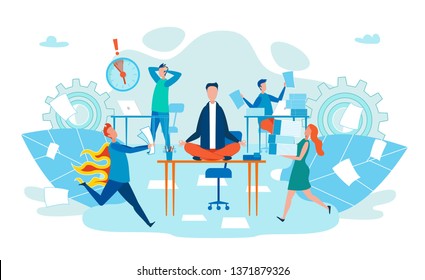 Deadline in Work Stress for Body Cartoon Flat. Office Worker Meditates While Sitting Desk. Man Runs with Burning Back. Men and Women Manager Carry Pile Documents. Vector Illustration.