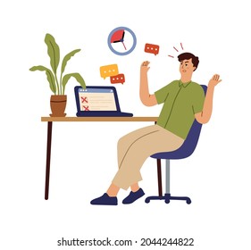 Deadline work. Time management, home office worker. Geek freelance, remote employee sitting with laptop with many red messages vector concept