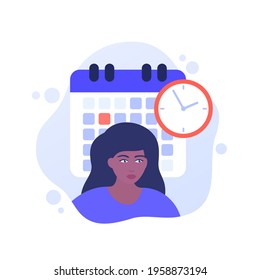 deadline at work, time management, vector illustration with a woman