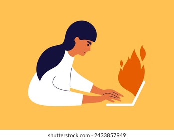 Deadline work vector illustration. Woman sitting working on laptop doing urgent burning task. Fire flame shoot out of screen. Burnout office employee, job stress. Female person hurrying end project