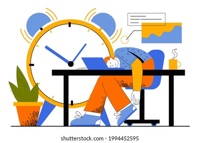 Concepto de web de fecha límite para el trabajo. Empleado durmiendo en el lugar de trabajo, violando el plazo. Hombre soñando en la oficina. Gestión del tiempo y estrés laboral. Ilustración vectorial para la plantilla de página web en diseño de línea plana