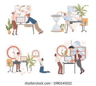 Deadline and workflow organization vector flat illustration. People discussing their projects, planning work, working overtime to get the job done on time. Productivity, work optimization concept.