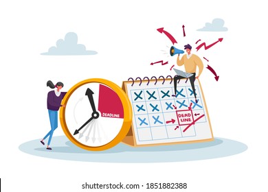 Deadline, Working Productivity, Time Management in Business Process Concept. Busy Businessman and Businesswoman Characters with Megaphone at Huge Clock and Calendar. Cartoon People Vector Illustration