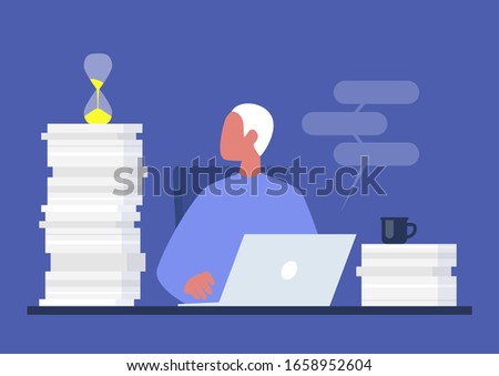 Deadline, young male project manager looking at the sand glass, millennials at work
