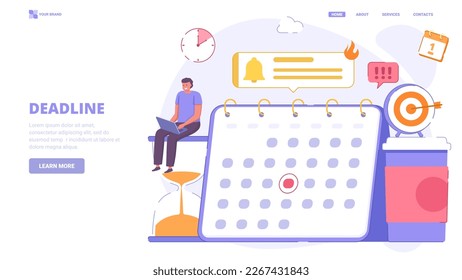 Deadline,desk calendar, hourglass, coffee, time management, manager pressure at workplace, time planing, working overtime. Flat design concept for landing page.Vector illustration with tiny characters