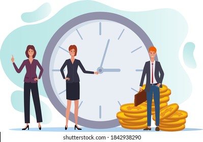 Deadline.People distribute tasks and check them against the clock.Time management and teamwork.People on the background of large watches and coins.Flat vector illustration isolated on a white backgro