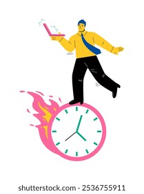 Se acercan los plazos o el concepto de cuenta regresiva. Hombre de negocios sosteniendo la computadora portátil de pie en el reloj. Ilustración vectorial plana aislada sobre fondo blanco