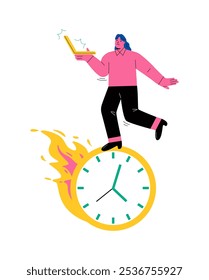 Se acercan los plazos o el concepto de cuenta regresiva. Mujer de negocios sosteniendo la computadora portátil de pie en el reloj. Ilustración vectorial plana aislada sobre fondo blanco