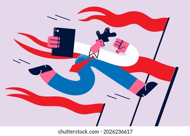 Plazos, éxito y concepto de oportunidades de negocio. Joven empresario con portátil corriendo en línea de meta con banderas rojas sintiéndose feliz ilustración vectorial 