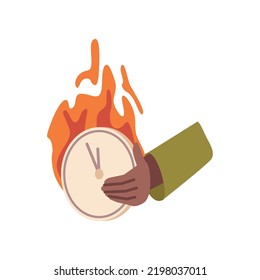 Deadlines and urgent project to finish, isolated clock in hands of workers. Burning watch symbol of being late, Business failure and conflicts. Vector in flat style