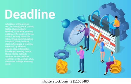 Deadline.Time management and time control.People on the background of a calendar and a large clock.A business-style poster.Flat vector illustration.