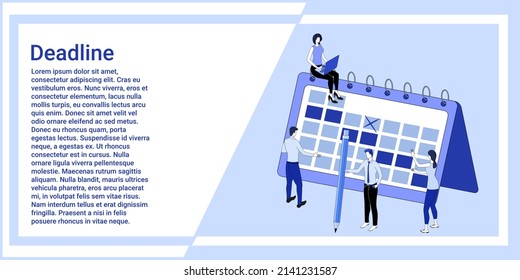 Deadline.Time management and time control.People are planning work against the background of a large calendar.The illustration in the style of the landing page is blue.