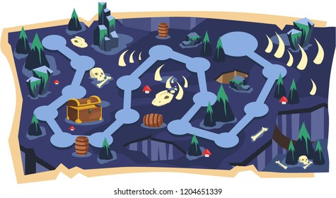 Deadly Cave 2D Game Maps with Path and Dark land with Bone, Skull, Fossil Dinosaurs, Golden Crates and Dark Mountain Vector Illustration