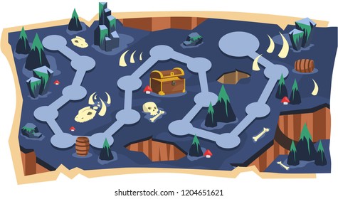 Deadly Cave 2D Game Maps with Path and Purple land with Bone, Skull, Fossil Dinosaurs, Golden Crates and Dark Mountain Vector Illustration