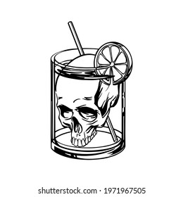 Deadly cocktail with a skull in a glass - linear style. Vector illustration.