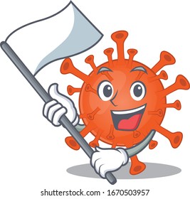 Deadly corona virus cartoon character design holding standing flag