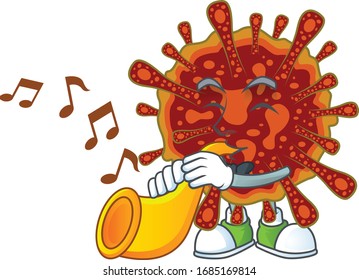 Deadly coronvirus cartoon character playing music with a trumpet