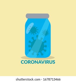 deadly creative flat design corona virus bacteria in quarantine & test tube glass jar symbol vector. pandemic world disease spread contagion concept. health care medical biology research icon & sciene