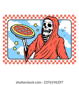 DEADLY DELICIOUS PIZZA GRIM REAPER COLOR WHITE BACKGROUND