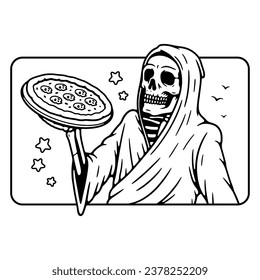 DEADLY DELICIOUS PIZZA GRIM REAPER BLACK WHITE BACKGROUND