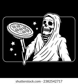 DEADLY DELICIOUS PIZZA GRIM REAPER WHITE BLACK BACKGROUND