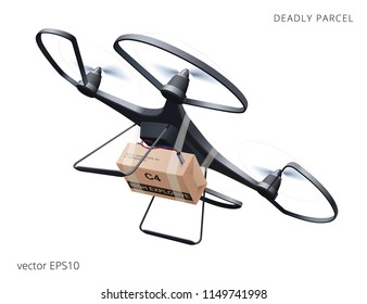 Deadly Delivery. Black Drone Armed With C4 Explosive. Unmanned Multirotor Device Carrying A Bomb In The Cardboard Package. Quadcopter Swoops Down To Make An Assassination Attempt. Anti-terror Warning.