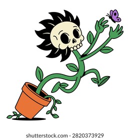 Deadly flower with skull head jumping from pot to catch butterfly, nature meets macabre art.