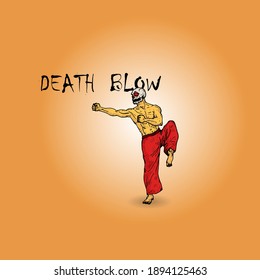 A deadly Grim reaper in a Kungfu fighting pose throwing a punch with the quote Death Blow. Vector illustration.