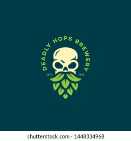 Deadly Hops Brewery Logo Design Template With Bearded Skull. Vector Illustration.