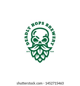 Deadly hops brewery logo design template with bearded skull in linear style. Vector illustration.