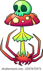 Deadly mushroom. Red amanita with skull. Poison fungus